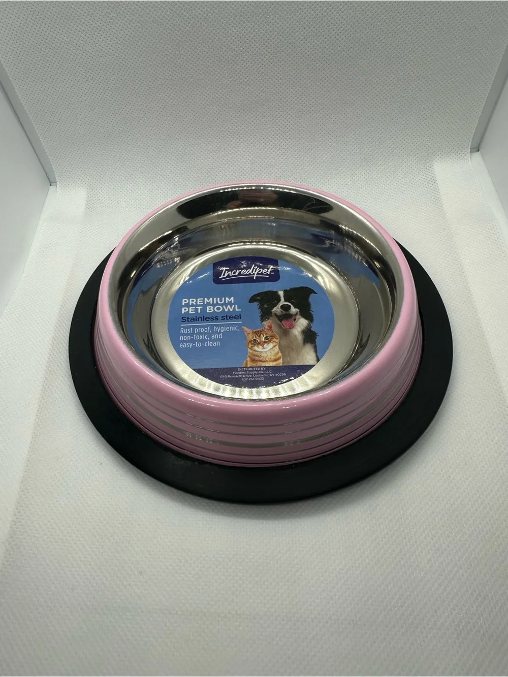 Stainless Steel Cat Bowl with Pink Exterior and Non-Slip Base